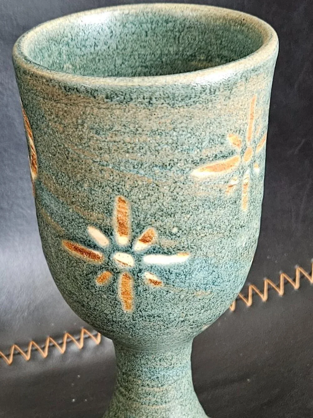 Vintage Kokopelli Studio Pottery Wine Goblet Signed Moki Blue Teal Glazed 2000
